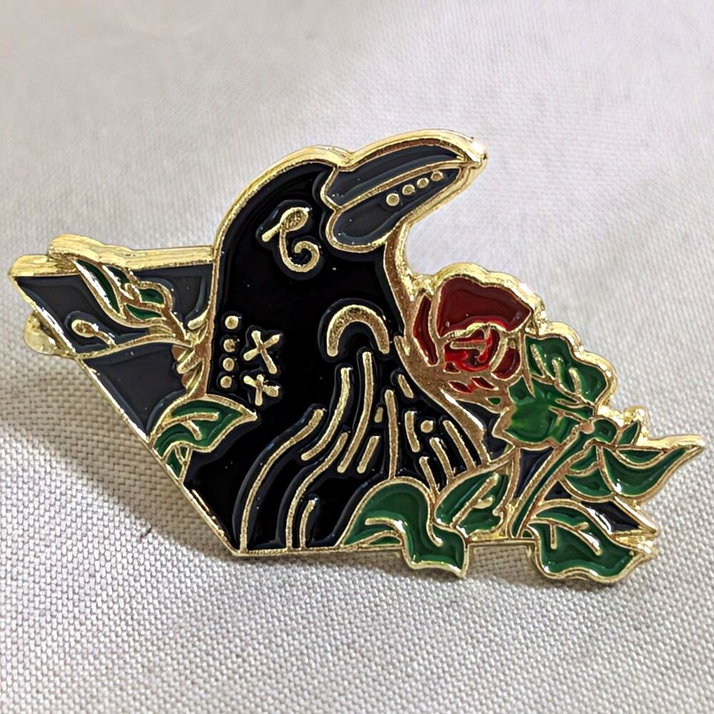 Raven and Rose Flowers Enamel Pinback Pin Black Red Green Animals Theme